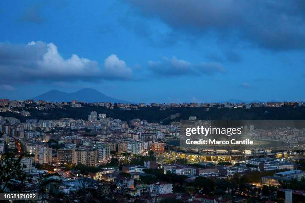 View at dusk of the St. Paul stadium before the Champions League football match between Napoli and Paris Saint-Germain.