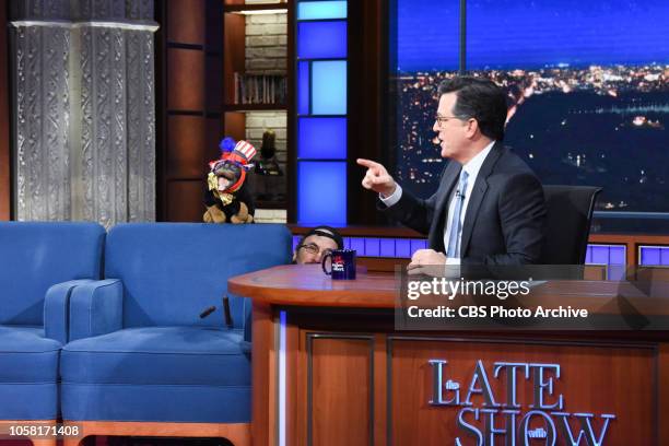 The Late Show with Stephen Colbert and guest Triumph the Insult Comic Dog during Monday's November 5, 2018 show.