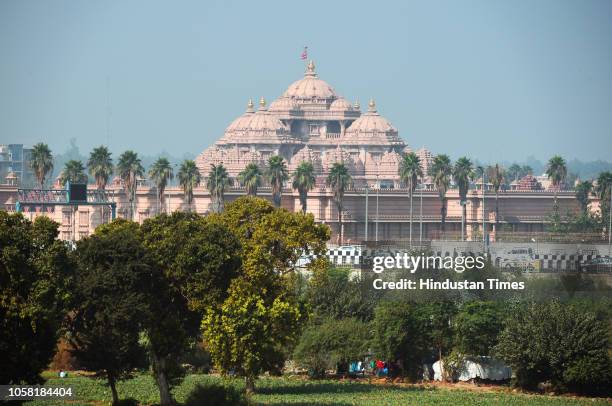 View of the Akshardham Temple on November 6, 2018 in New Delhi, India. Contrasting a foggy chill on Monday, the city began Tuesday with a sunny...