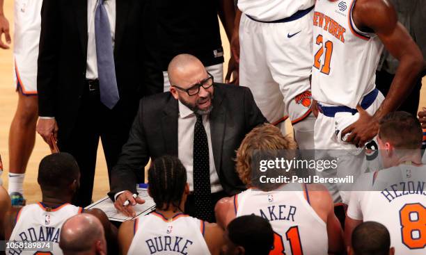 Head coach David Fizdale of the New York Knicks talks with his team during a timeout in an NBA basketball game against the Boston Celtics on October...