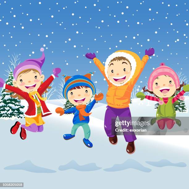 children jumping in winter - hispanic boy stock illustrations