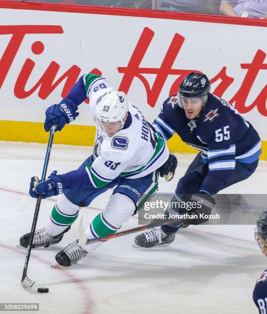 Bo Horvat of the Vancouver Canucks plays the puck as Mark Scheifele of the Winnipeg Jets gives chase during third period action at the Bell MTS Place...