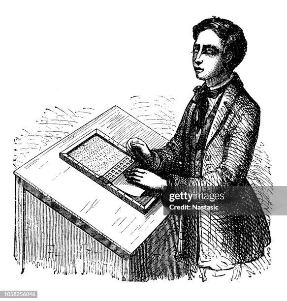 blind man writing - human blinders stock illustrations