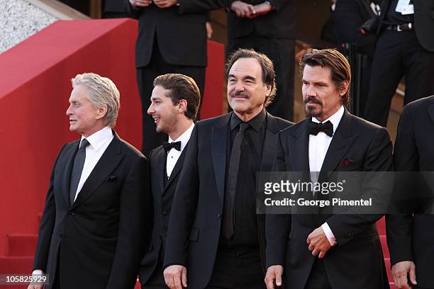 Actors Michael Douglas, Shia LaBeouf, director Oliver Stone and actor Josh Brolin attend the Premiere of 'Wall Street: Money Never Sleeps' held at...
