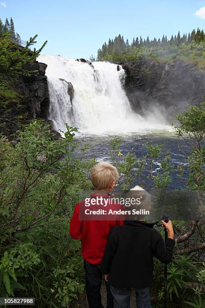 two young blond boys looking at a waterfall - jamtland stock pictures, royalty-free photos & images