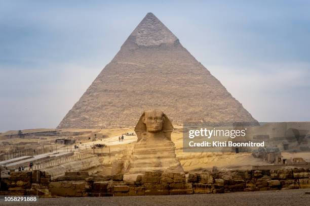 great sphinx in front of pyramid of giza in egypt - piramide van chefren stockfoto's en -beelden
