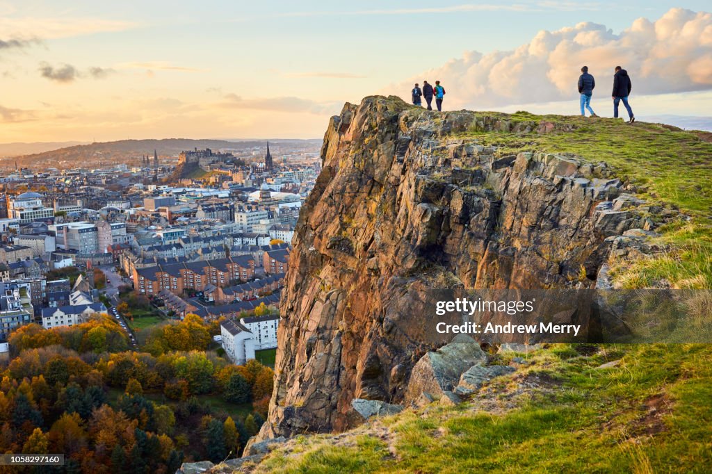 Salisbury Crags, Holyrood Park with Edinburgh city the in background at sunset