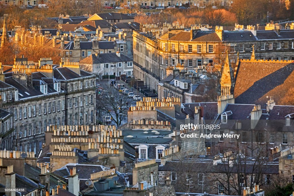 Rooftops and rows of houses at sunset, New Town, Edinburgh