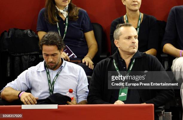 Singer Miguel Bose and Nacho Palau and sculptor Nacho Palau are seen during Mutua Madrid Open tennis tournament at the Caja Magica on October 18,...