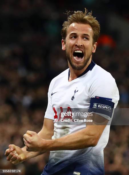 Harry Kane of Tottenham Hotspur celebrates after scoring his team's second goal during the Group B match of the UEFA Champions League between...