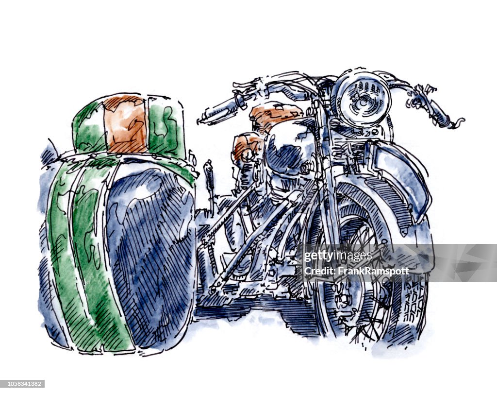 Alte Motorrad Beiwagen Vorderansicht Tusche Zeichnung und Aquarell