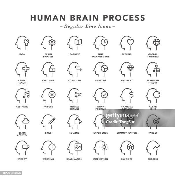 menschliche gehirn prozess - linienbus-symbole - gehirnstrom stock-grafiken, -clipart, -cartoons und -symbole