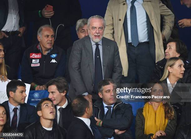 Aurelio De Laurentiis, President of SSC Napoli, looks on prior to the Group C match of the UEFA Champions League between SSC Napoli and Paris...