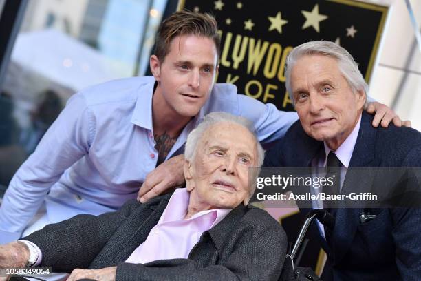 Cameron Douglas, Kirk Douglas and Michael Douglas attend the ceremony honoring Michael Douglas with star on the Hollywood Walk of Fame on November...