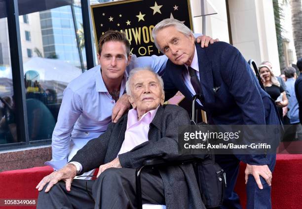 Cameron Douglas, Kirk Douglas and Michael Douglas attend the ceremony honoring Michael Douglas with star on the Hollywood Walk of Fame on November...