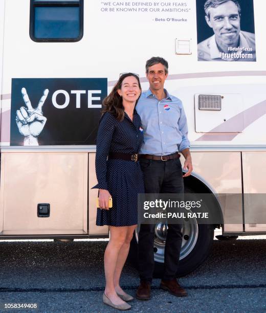 Texas Senatorial Candidate Congressman Beto ORourke and his wife, Amy Hoover Sanders, are pictured in front of a campaign RV outside of Nixon...