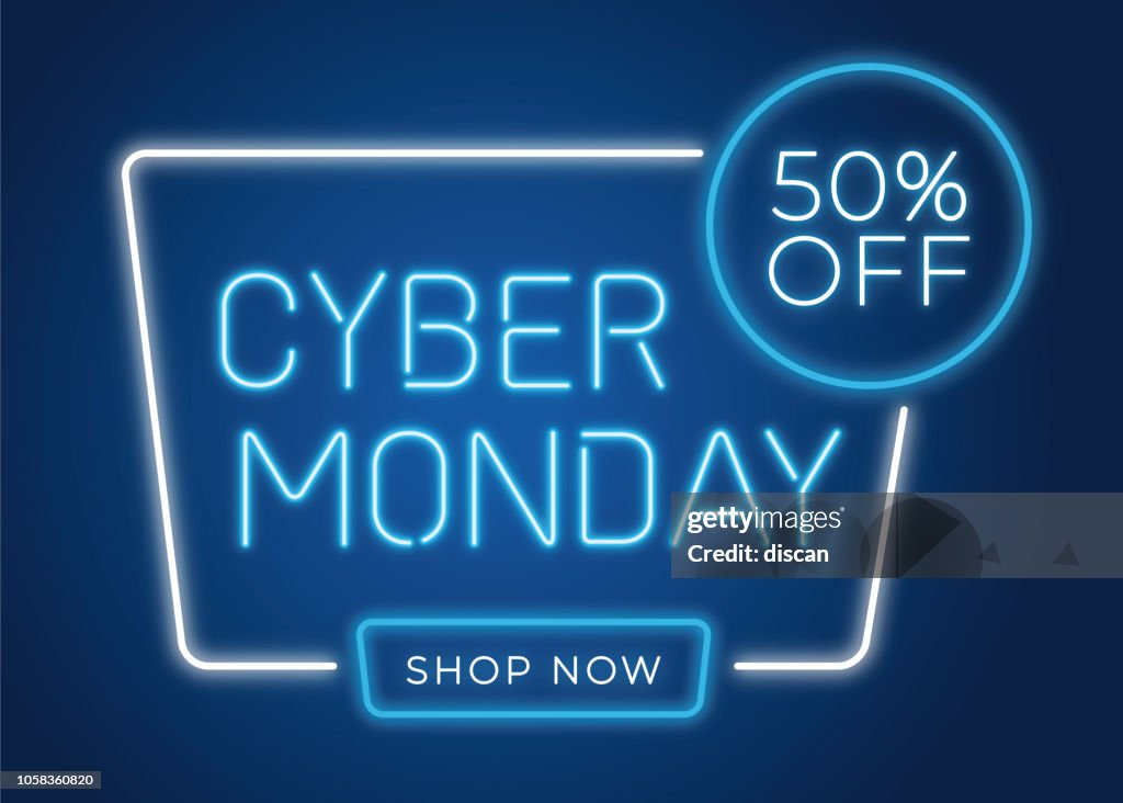 Cyber Monday banner in fashionable neon style, luminous signboard, nightly advertising advertisement of sales rebates of cyber Monday.