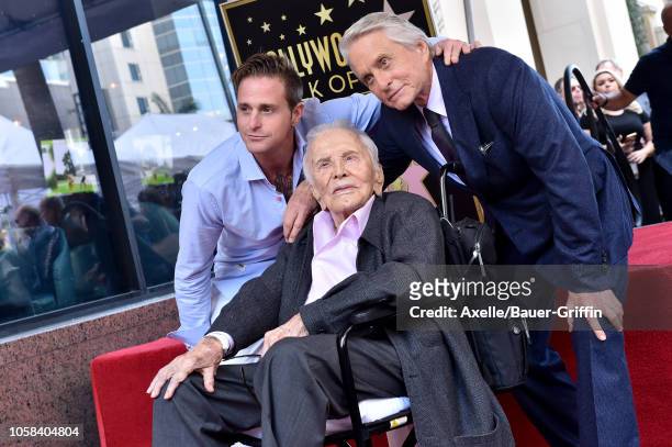 Cameron Douglas, Kirk Douglas and Michael Douglas attend the ceremony honoring Michael Douglas with star on the Hollywood Walk of Fame on November...