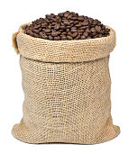 Roasted coffee beans in a burlap sack