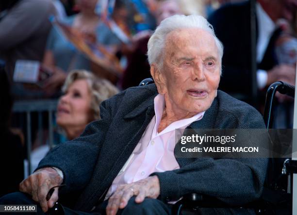 Actor Kirk Douglas attends the ceremony honoring his son actor Michael Douglas with a Star on Hollywood Walk of Fame, in Hollywood, California on...