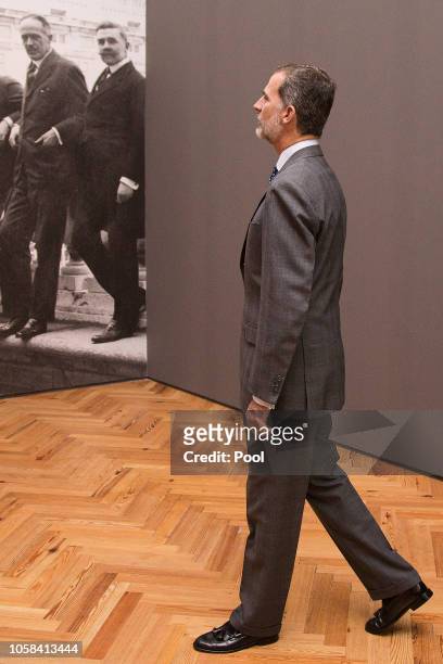 King Felipe VI of Spain attends 'Cartas al Rey. La Mediacion Humanitaria de Alfonso XIII en la Gran Guerra' exhibition at the Royal Palace on...