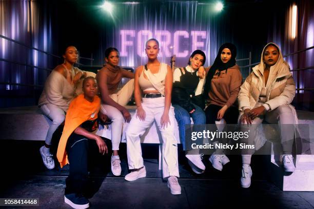 Erin Corrian-Alexis, Julie Adenuga, Ramla Ali, Jorja Smith, Ana Sting, Zeina Nassar and Leah Abbott form the Force is Female crew at Nike's event on...