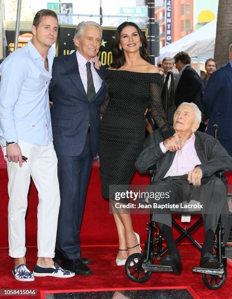 Cameron Douglas, Michael Douglas, Kirk Douglas and Catherine Zeta-Jones pose at the Michael Douglas Star On The Hollywood Walk Of Fame ceremony on...