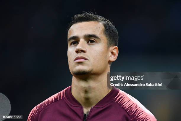 Philippe Coutinho of FC Barcelona looks on before the Group B match of the UEFA Champions League between FC Internazionale and FC Barcelona at San...