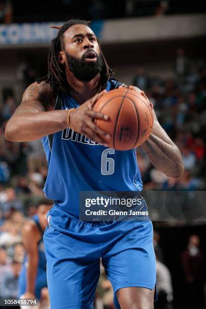 DeAndre Jordan of the Dallas Mavericks shoots a free throw during the game against the Washington Wizards on October 6, 2018 at the American Airlines...