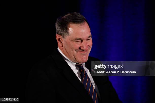 Sen. Joe Donnelly arrives to speak on November 6, 2018 at the Hyatt Regency in Indianapolis, Indiana. Donnelly was defeated by his Republican...