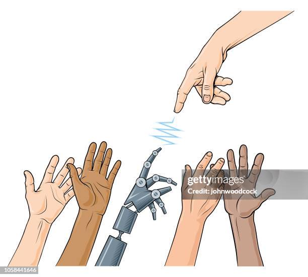 ilustrações de stock, clip art, desenhos animados e ícones de classical robot reaching hands - deuses