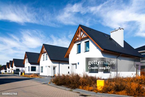 new complex of white small residential buildings in the suburb - poland city stock pictures, royalty-free photos & images