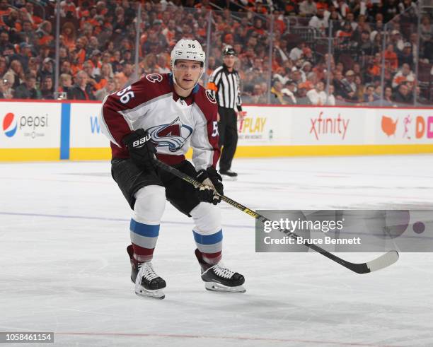 Marko Dano of the Colorado Avalanche skates against the Philadelphia Flyers at the Wells Fargo Center on October 22, 2018 in Philadelphia,...