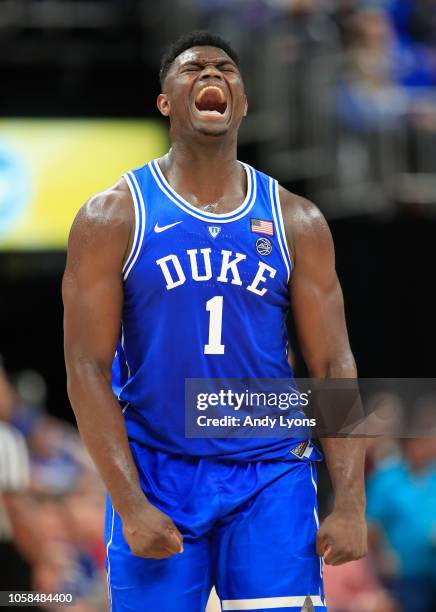 Zion Williamson of the Duke Blue Devils celebrates against the Kentucky Wildcats during the State Farm Champions Classic at Bankers Life Fieldhouse...