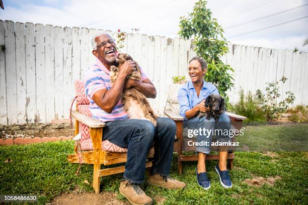 senior black couple with their dogs - animal activity stock pictures, royalty-free photos & images