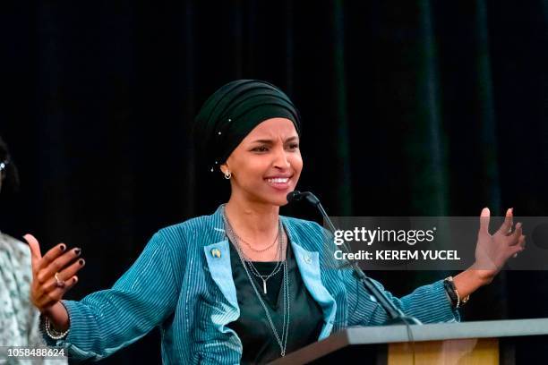 Ilhan Omar, newly elected to the U.S. House of Representatives on the Democratic ticket, speaks to a group of supporters in Minneapolis, Minnesota on...
