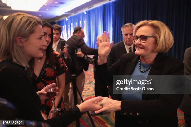 Senator Claire McCaskill greets guests after conceding defeat in her bid to keep her U.S. Senate seat during an election-night rally on November 6,...