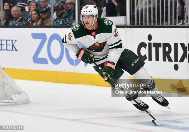 Jonas Brodin of the Minnesota Wild moves the puck ahead against the San Jose Sharks at SAP Center on November 6, 2018 in San Jose, California