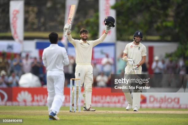 England batsman Ben Foakes celebrates reaching his century during Day Two of the First Test match between Sri Lanka and England at Galle...