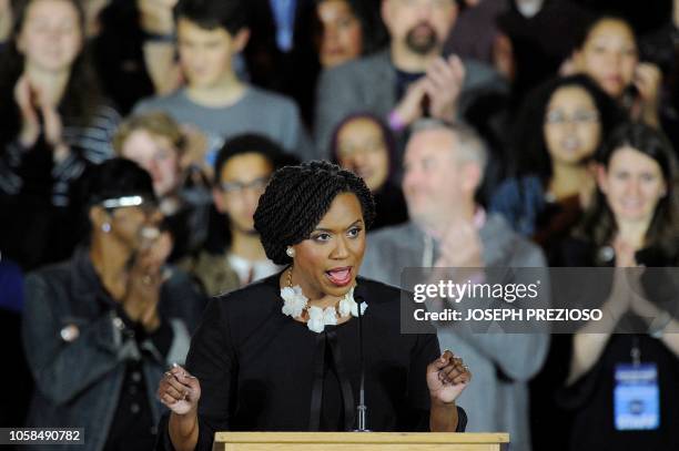 Congresswomen Ayanna Pressley addresses the audience during the Election Day Massachusetts Democratic Coordinated Campaign Election Night Celebration...