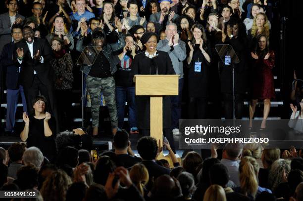 Congresswomen Ayanna Pressley addresses the audience during the Election Day Massachusetts Democratic Coordinated Campaign Election Night Celebration...