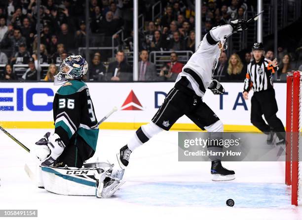 John Gibson of the Anaheim Ducks reacts to a goal from Ilya Kovalchuk of the Los Angeles Kings to a 3-0 lead during the second period at Staples...