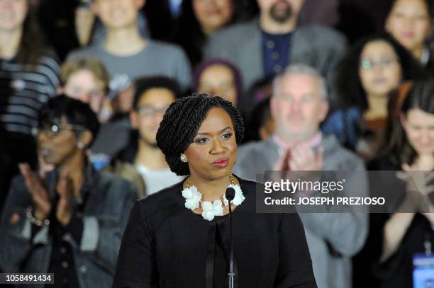 Congresswomen Ayanna Pressley makes her way to the stage during the Election Day Massachusetts Democratic Coordinated Campaign Election Night...