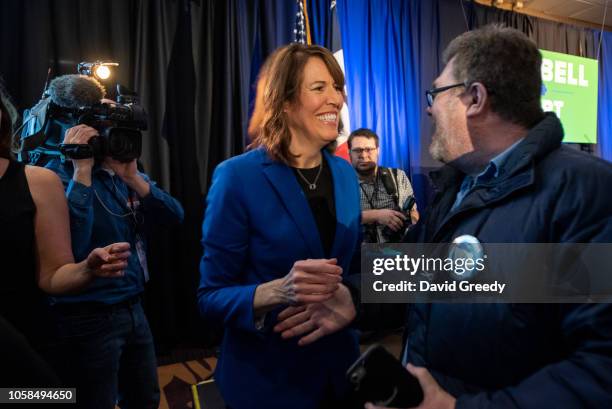 Congressional Democratic candidate Cindy Axne speaks to supporters after being elected to represent Iowa's 3rd District in Congress at the Embassy...