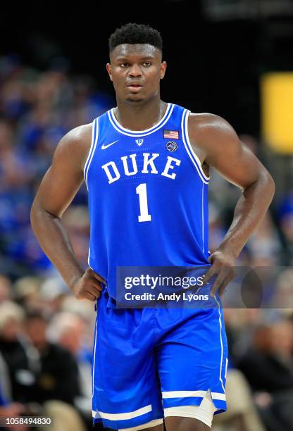 Zion Williamson of the Duke Blue Devils watches the action against the kentucky Wildcats during the State Farm Champions Classic at Bankers Life...