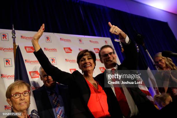 Incumbent Republican candidate for Iowa's Governor, Kim Reynolds celebrates her re-election with Lieutenant Governor Adam Gregg during Iowa's GOP...