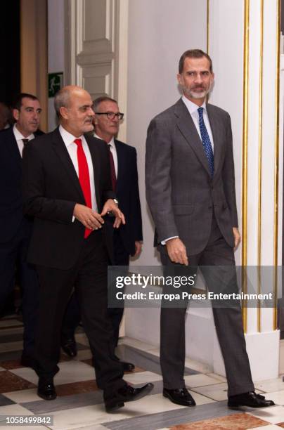 King Felipe VI of Spain attends 'Cartas al Rey. La Mediacion Humanitaria de Alfonso XIII en la Gran Guerra' exhibition at the Royal Palace on...