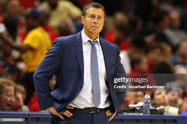 Head coach Dave Joerger of the Sacramento Kings reacts during the first half against the New Orleans Pelicans at the Smoothie King Center on October...