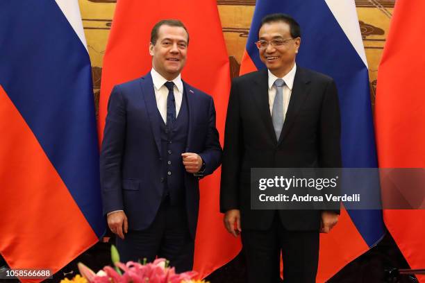 Chinese Premier Li Keqiang and Russian Prime Minister Dmitry Medvedev attend the signing ceremony at The Great Hall Of The People on November 7, 2018...