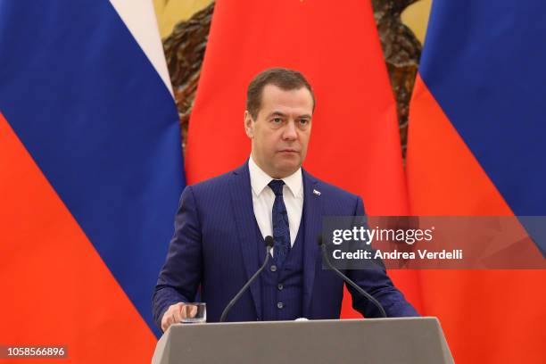 Russian Prime Minister Dmitry Medvedev attends a joint press conference with Chinese Premier Li Keqiang at The Great Hall Of The People on November...